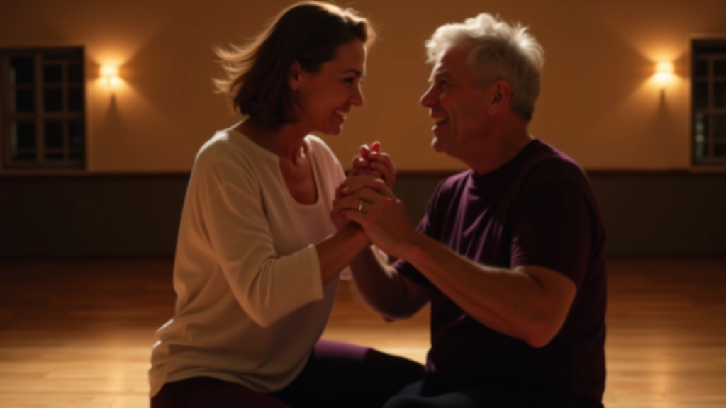 Casal adulto dançando de mãos dadas em estúdio, comunicação corporal clara, ambiente profissional