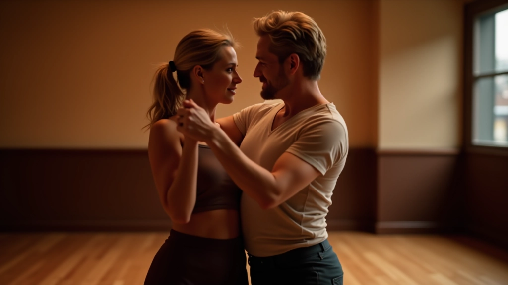 Casal adulto dançando bachata em estúdio profissional, com iluminação suave, vista lateral mostrando postura e alinhamento correto