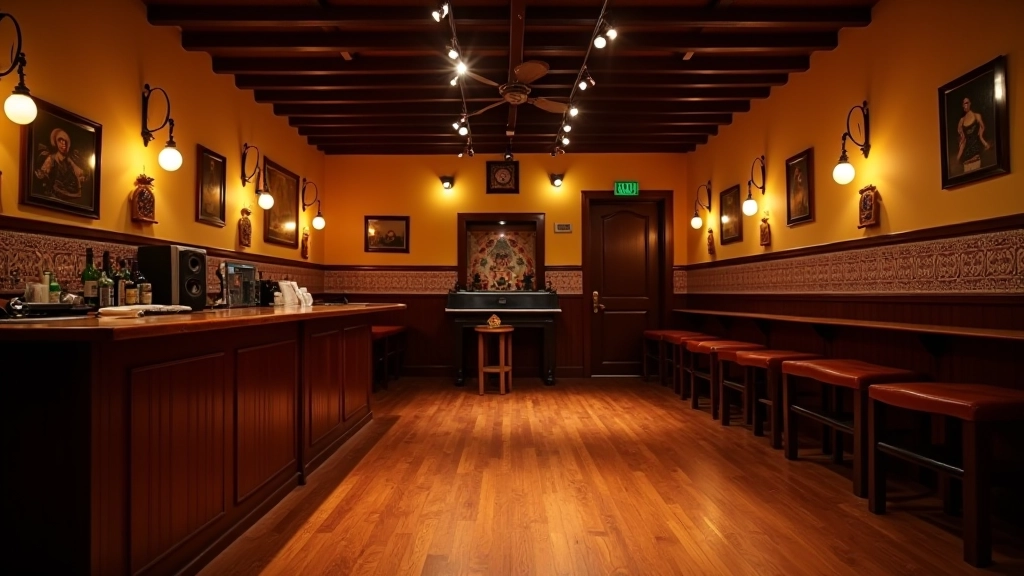 Salão de dança português com balcão de madeira escura, pista de dança polida, palco com equipamento de som profissional